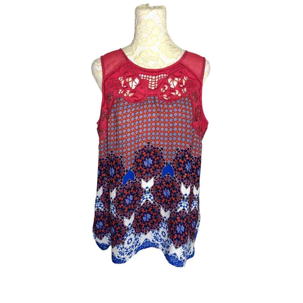Daniel Rainn Tunic Top Blouse Shirt Lace Mesh Hi Low Chiffon Floral Geometric M